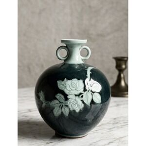 Vtg NIKKO Japan Celadon Crackle Vase Raised Rose Relief Double Handle Pottery 7"